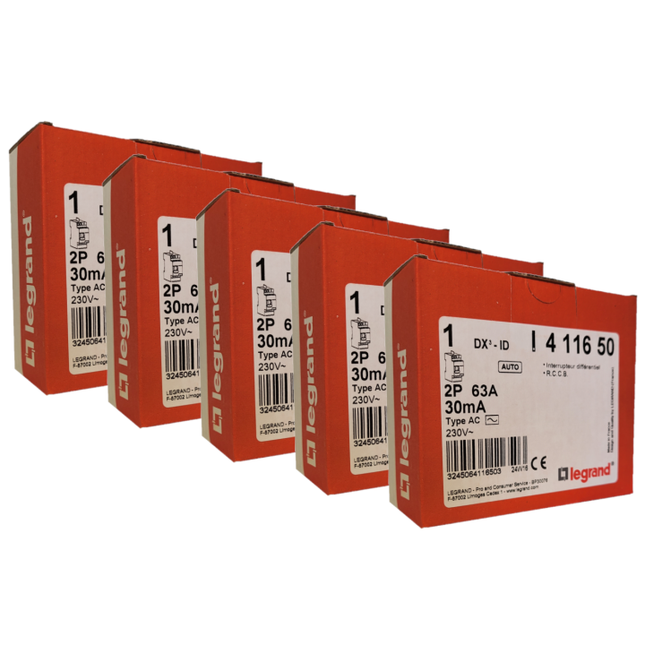 LEGRAND - LOT de 5 inter différentiels DX3 - ID 2x63A - 30mA AC - Réf. : 411650 x 5
