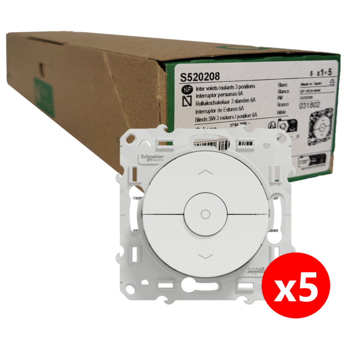 Schneider - Odace 2011 - LOT de 5 Interrupteurs volets-roulant montée/descente/stop - Blanc - Ref. : S520208x5