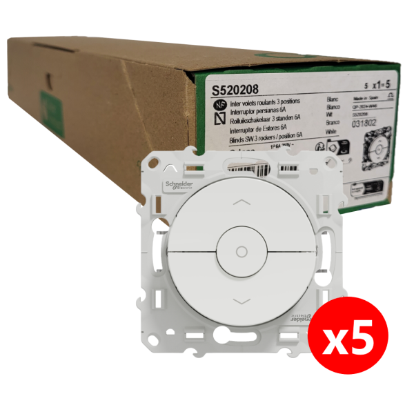 Schneider - Odace 2011 - LOT de 5 Interrupteurs volets-roulant montée/descente/stop - Blanc - Ref. : S520208x5