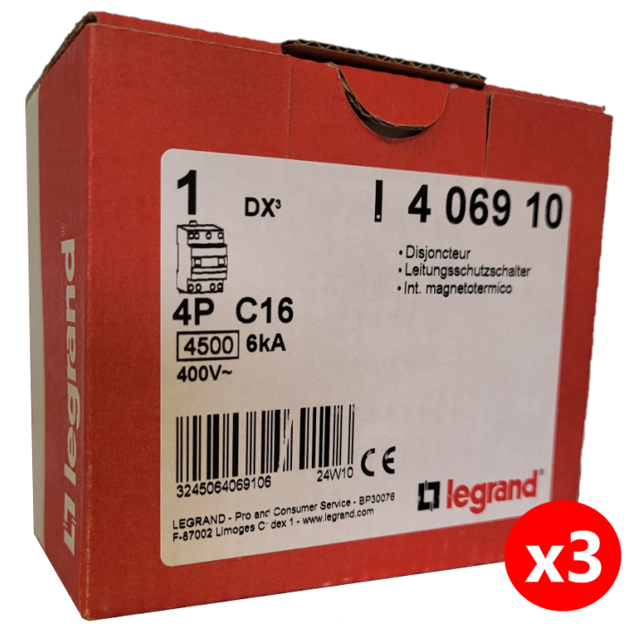 Legrand - Disjoncteur 4P DX3 - 16A - 6kA - courbe C - Réf. : 406910x3