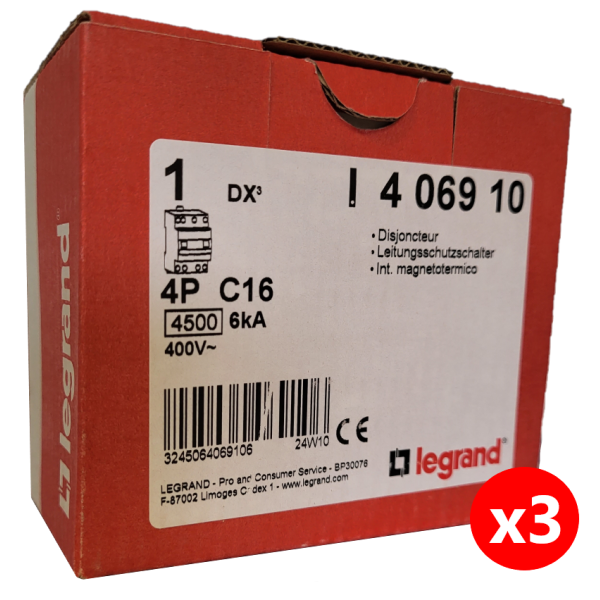 Legrand - Disjoncteur 4P DX3 - 16A - 6kA - courbe C - Réf. : 406910x3