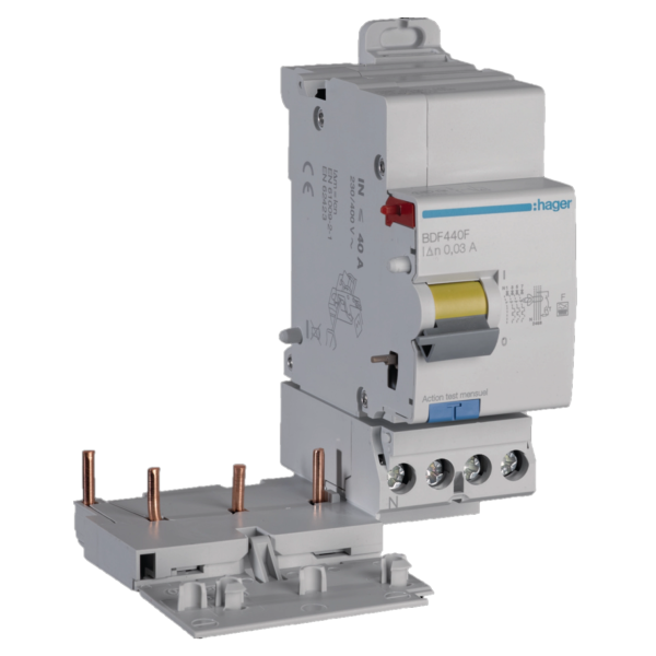 Hager - Disjoncteur 40A - 3P+N - courbe C avec Bloc différentiel 40A - 3P+N - type F - Réf : BDF440F+NFT840