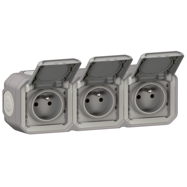 Legrand - Plexo L - Triple prise 2P+T précâblée - Horizontal - Saillie - Gris- Ref. : 069680L+069564L