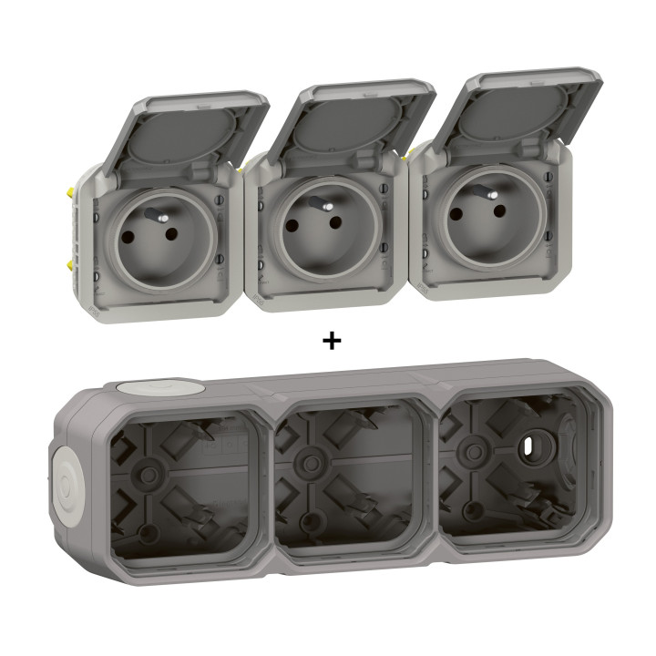 Legrand - Plexo L - Triple prise 2P+T précâblée - Horizontal - Saillie - Gris- Ref. : 069680L+069564L