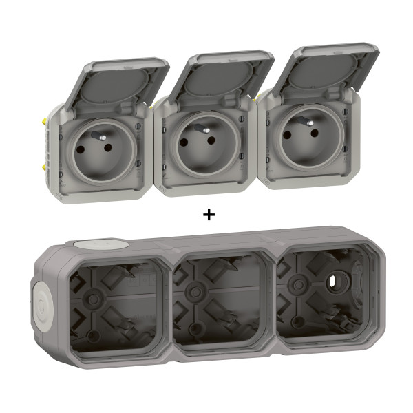 Legrand - Plexo L - Triple prise 2P+T précâblée - Horizontal - Saillie - Gris- Ref. : 069680L+069564L