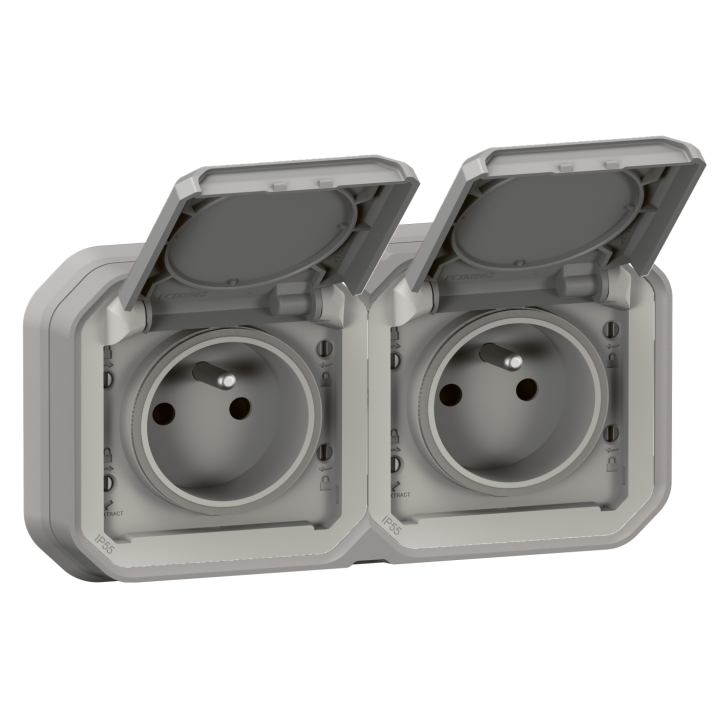 Legrand - Plexo L - Double Prise 2P+T précâblée - Horizontal - Encastré - Gris- Ref. : 069683L+069562L