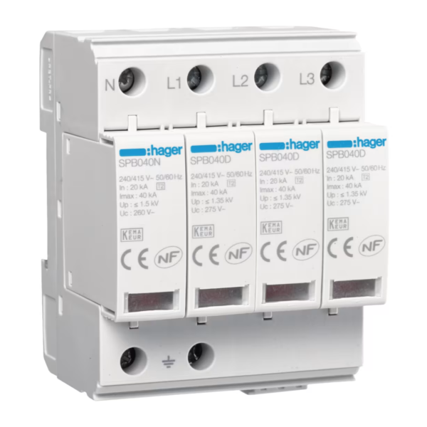 Hager - Parafoudre 4P débrochable 40KA type 2 avec voyant fin de vie et auxiliaire de contact - Réf : SPB440R