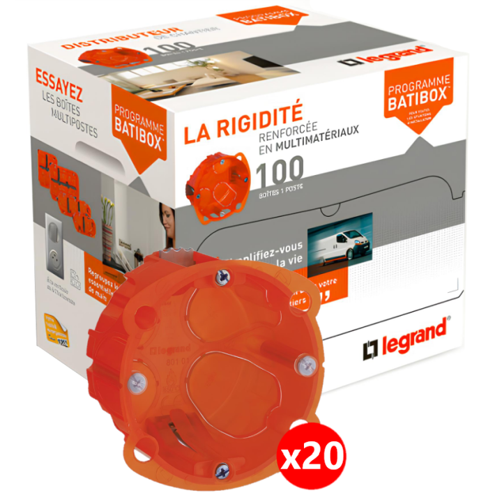 Legrand - Batibox - LOT de 20 Boîtes Multimatériaux 1 Poste Profondeur 40 mm - Réf. : 080101x20