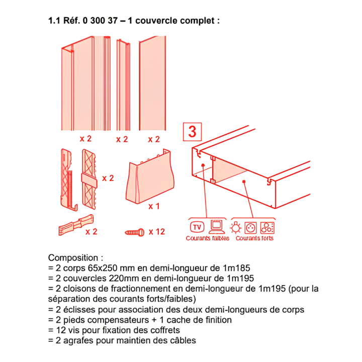 Legrand - Kit GTL 18M - 030067 - 65 x 355 mm - Avec 2 couvercles complet - long. réglable - 2,45 à 2,60m - Réf : 030067