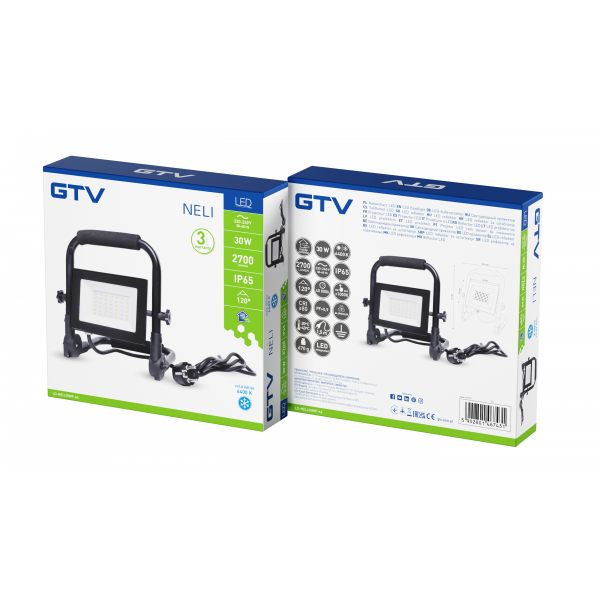 GTV Lighting - Projecteur portable NELI - LED - 30W - 2700lm - 6400K - AC220-240V - IP65 - câble de 1,5 m - Réf.: LD-NELI30WP-64