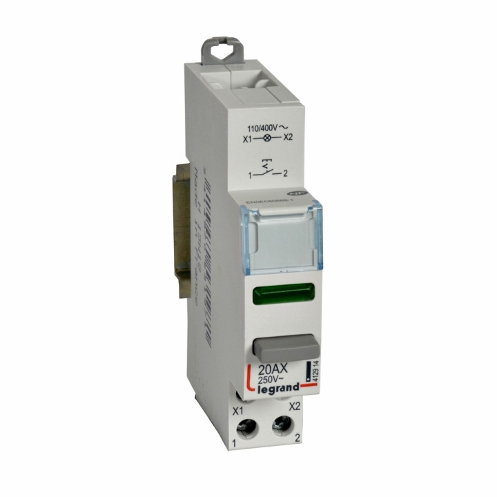 Legrand - Inter à Poussoir 20A double fonction - 250V - 1 NO + voyant vert - Réf : 412914