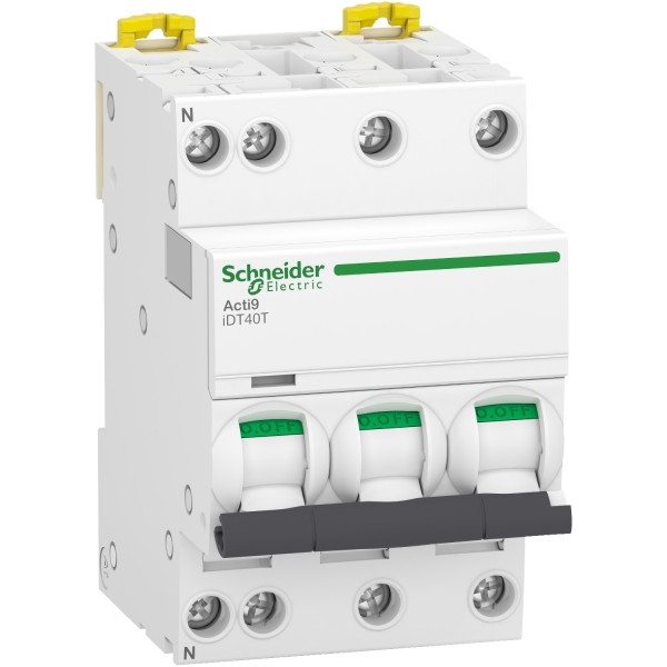 Schneider - Acti9 IDT40T - disjoncteur modulaire - 3p+n - 10A - courbe D - 4500A/6KA - A9P32710