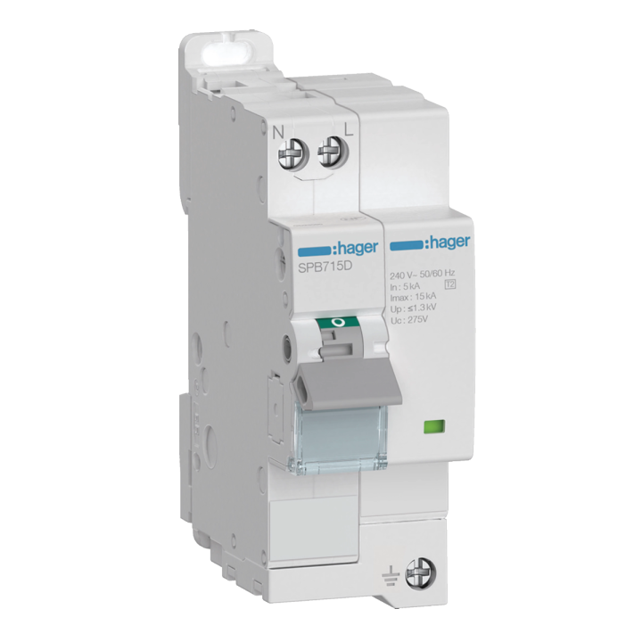Hager - Parafoudre 2P auto-protégé 15KA type 2 avec voyant fin de vie - Réf : SPB715D