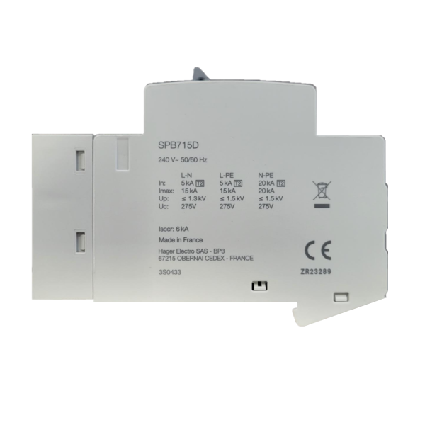 Hager - Parafoudre 2P auto-protégé 15KA type 2 avec voyant fin de vie - Réf : SPB715D