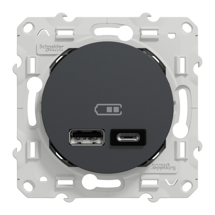 Schneider - Odace 2011 - Prise double USB - Type A+C - 2.4A  - Anthracite- Réf : S540401