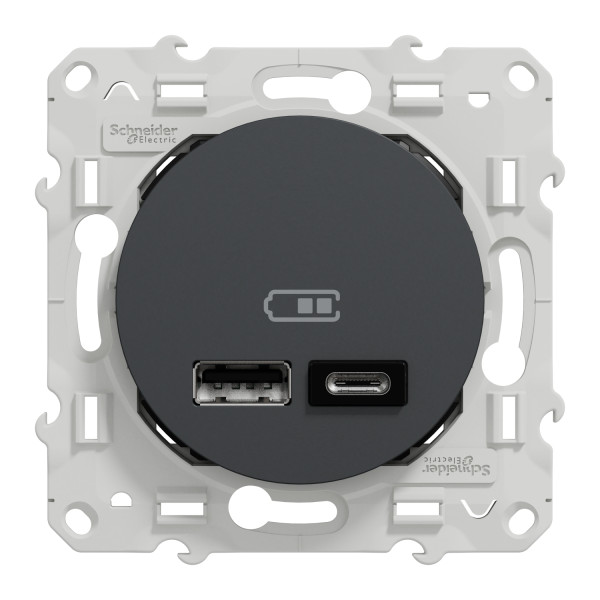 Schneider - Odace 2011 - Prise double USB - Type A+C - 2.4A  - Anthracite- Réf : S540401