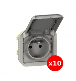 Legrand Plexo - LOT de 10 prises de courant 2P+T - 16A - 250V - composable - étanche - IP55/IK08 - Gris - Réf : 069551Lx10