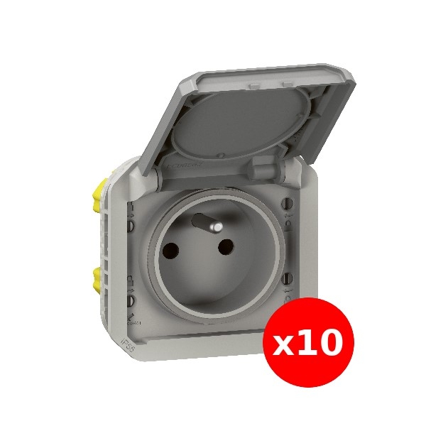 Legrand Plexo - LOT de 10 prises de courant 2P+T - 16A - 250V - composable - étanche - IP55/IK08 - Gris - Réf : 069551Lx10