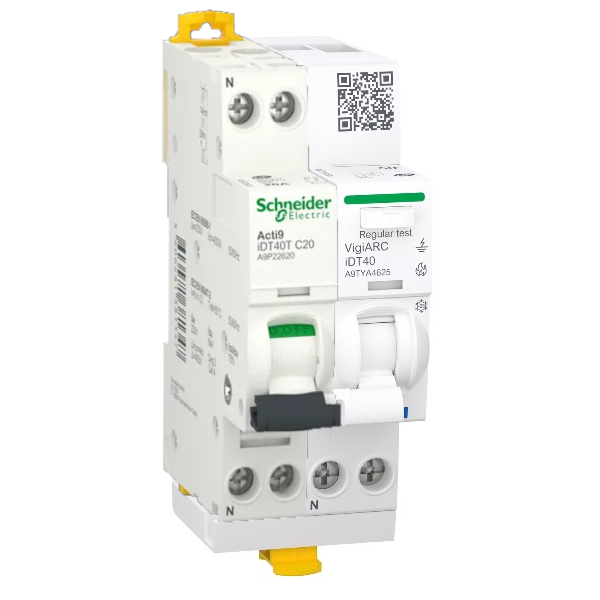 Schneider - Acti9 iDT40 - Disjoncteur 20A + Module détecteur arc différentiel 30mA ASI 1PN 25A - Réf : A9P22620+A9TYA4625