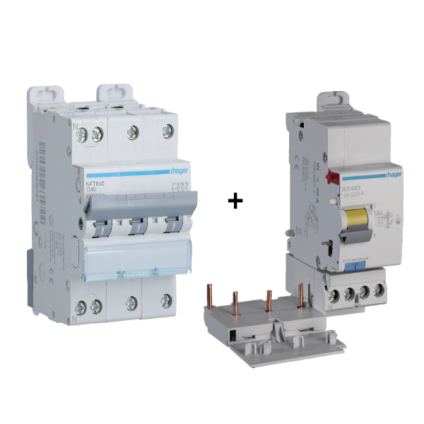 Hager - Disjoncteur 40A - 3P+N - courbe C avec Bloc différentiel 40A - 3P+N - type F - Réf : BDF440F+NFT840