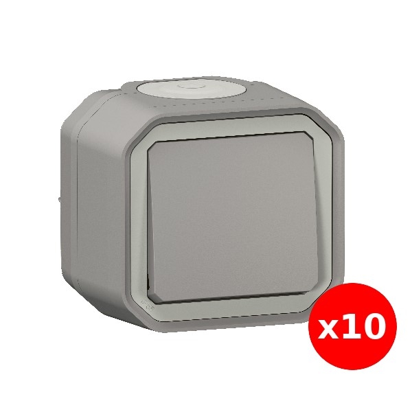 Legrand - LOT de 10 Interrupteurs / Va-et-vient étanche Plexo Saillie - 10AX - 250V - IP55 - IK08 - Gris - Réf : 069711Lx10