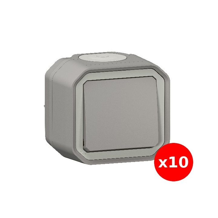 Legrand - LOT de 10 Interrupteurs / Va-et-vient étanche Plexo Saillie - 10AX - 250V - IP55 - IK08 - Gris - Réf : 069711Lx10