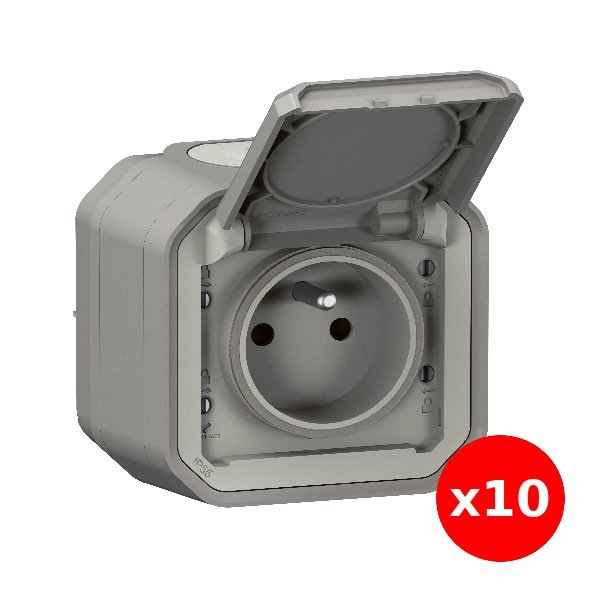 Legrand - LOT de 10 prises de courant 2P+T 16A étanche Plexo Saillie- IP55/IK08 - Gris - Réf : 069731Lx10