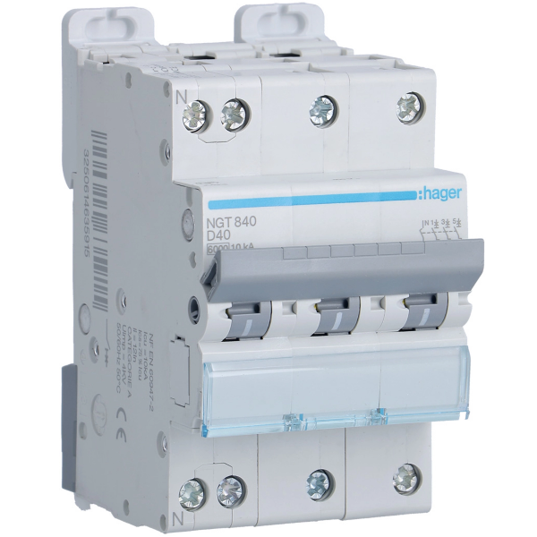 HAGER - Disjoncteur 3P+N 6-10kA courbe D - 40A - 1 module - Réf : NGT840