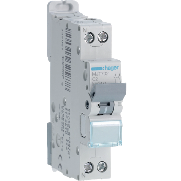 HAGER - Disjoncteur - 1P+N - 2A - VIS/VIS - Courbe C - 6KA - Réf : MJT702