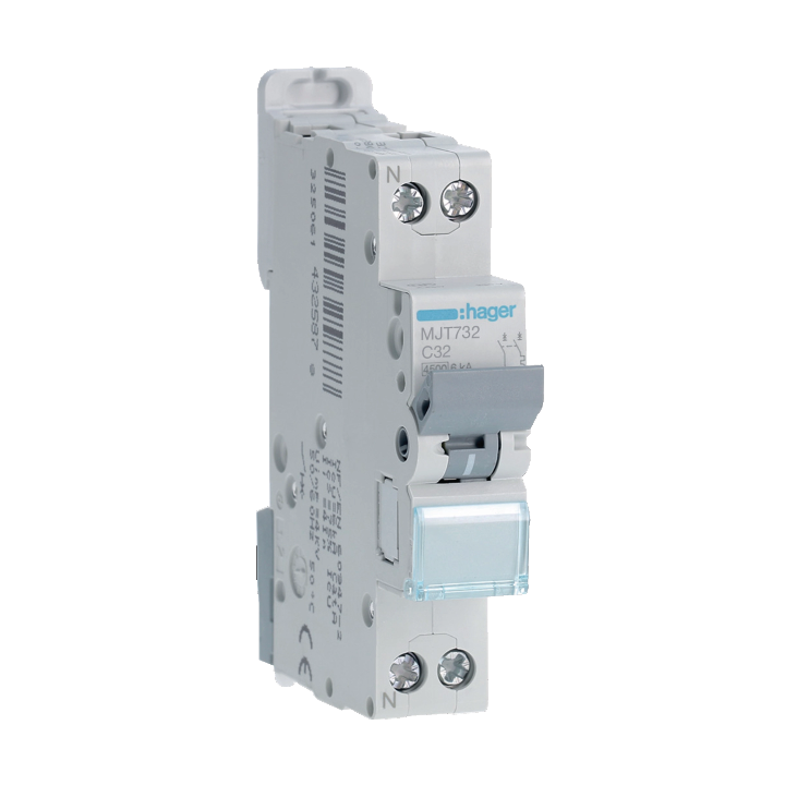 HAGER - Disjoncteur - 1P+N - 32A - Courbe C - 4500A/6KA- Réf : MJT732
