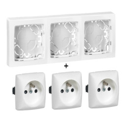 Legrand - Oteo - 3 Prises 2P+T 16A + Cadre saillie 3 postes - Blanc - Réf. : 086093+086127Lx3