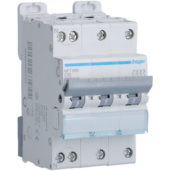Hager - Disj.3P+N - 6-10kA - Courbe C - 10A 3m - Réf : NFT810