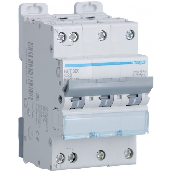 Hager - Disj. 3P+N - 6-10kA - Courbe C - 20A 3m - Réf : NFT820