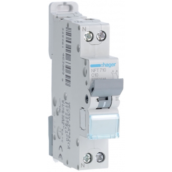 HAGER - Disjoncteur 1P+N 6-10kA - courbe D - 10A -1 module - Réf : NGT710