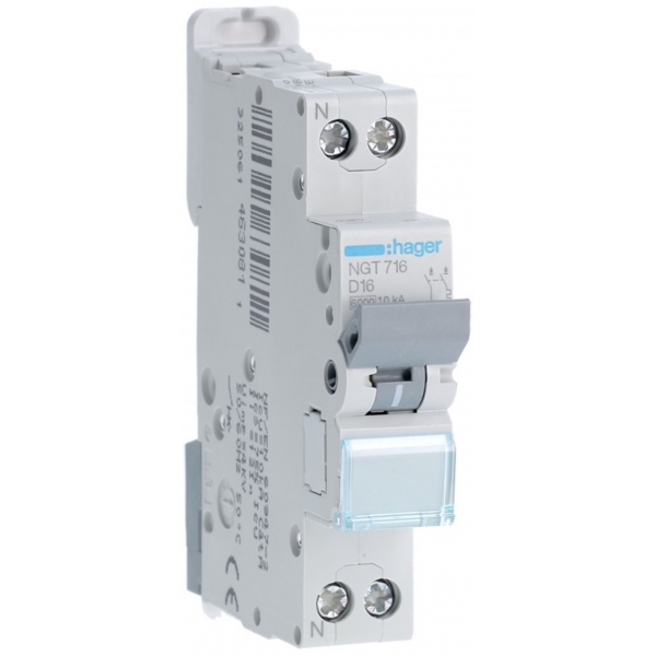 HAGER - Disjoncteur 1P+N 6-10kA - courbe D - 16A -1 module - Réf : NGT716
