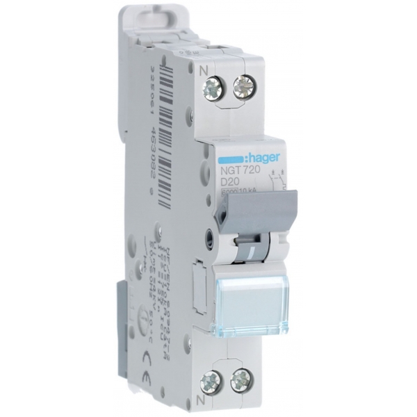 HAGER - Disjoncteur 1P+N 6-10kA - courbe D - 20A -1 module - Réf : NGT720