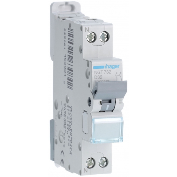 HAGER - Disjoncteur 1P+N 6-10kA - courbe D - 32A -1 module - Réf : NGT732
