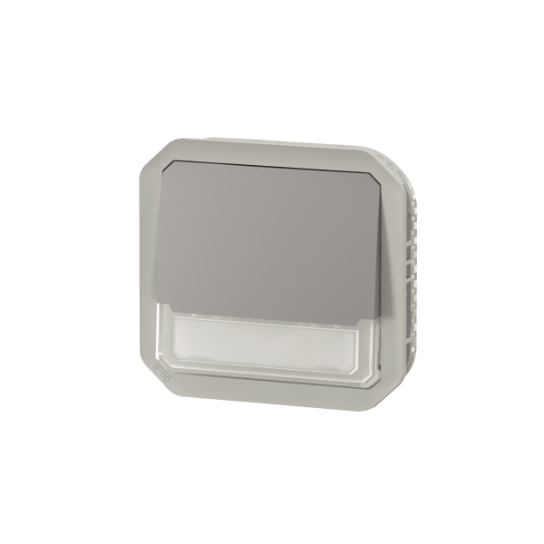 Legrand Plexo - Poussoir NO-NF lumineux porte-étiquette avec voyant - composable - gris - 10A - 250V - IP55/IK08 - Réf : 069544L