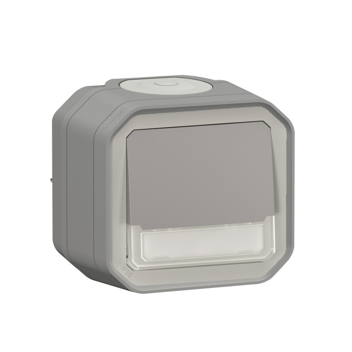 Legrand - Plexo L - Poussoir lumineux porte-étiquette avec voyant + Boîtier 1 poste - Saillie - Gris - Ref. : 069544L + 069681L