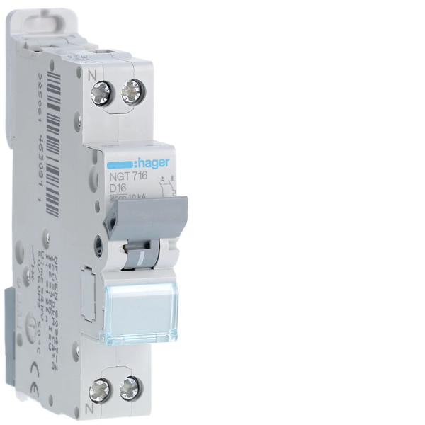 HAGER - Disjoncteur 1P+N 6-10kA - courbe D - 16A -1 module - Réf : NGT716