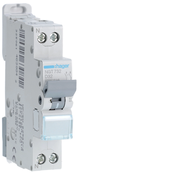 HAGER - Disjoncteur 1P+N 6-10kA - courbe D - 32A -1 module - Réf : NGT732