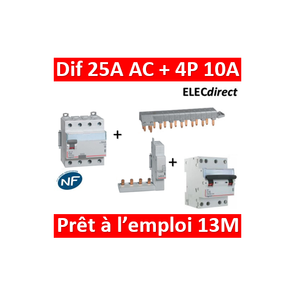 LEGRAND - dif. DX3-ID 4P 25A - 30mA - AC + Module 4P + Peigne 13M + Disj.  4P 10A - 411660+406301+405201+406908 - ELECdirect Vente Matériel Électrique