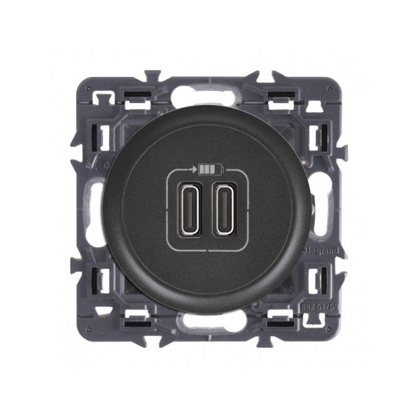Legrand - Céliane 2024 - Double prise chargeur USB - Type C - Noir - SANS PLAQUE - 1 poste - Réf : 080251 + CM0154 + CN0154