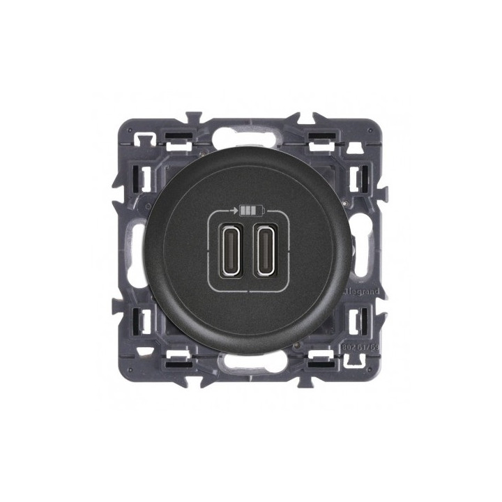 Legrand - Céliane 2024 - Double prise chargeur USB - Type C - Noir - SANS PLAQUE - 1 poste - Réf : 080251 + CM0154 + CN0154