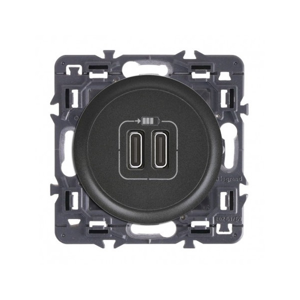Legrand - Céliane 2024 - Double prise chargeur USB - Type C - Noir - SANS PLAQUE - 1 poste - Réf : 080251 + CM0154 + CN0154