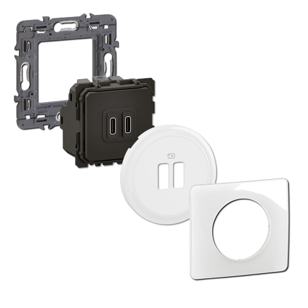 Legrand - Céliane 2024 - Double prise chargeur USB - Type C - Blanc - COMPLET - Réf : 080251 + CM0154 + CB0154 + CP0001