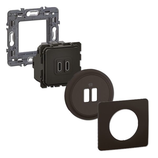Legrand - Céliane 2024 - Double prise chargeur USB - Type C - Noir - COMPLET - Réf : 080251 + CM0154 + CB0154 + CP0101
