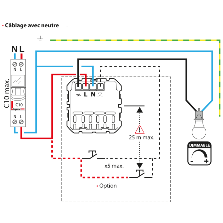 Legrand - Céliane 2024 - Variateur avec ou sans neutre - 200W -  Noir - LED - Réf : CN0408