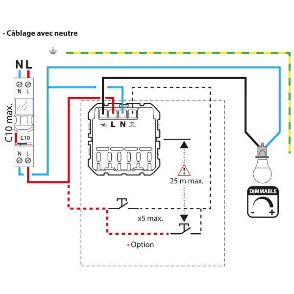 Legrand - Céliane 2024 - Variateur avec ou sans neutre - 200W -  Noir - LED - Réf : CN0408