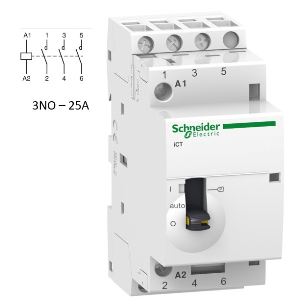 Schneider - Contacteur Acti9 - J/N - 25A - 3NO - 230/240V 50Hz - A9C21833